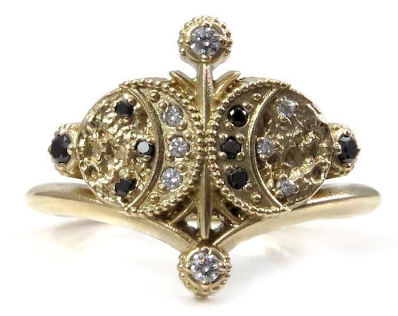 Ritual Moon Ring No. 2 - Boho Moon Engagement Ring with Black and White Diamonds