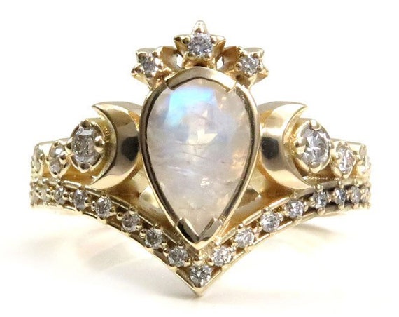 Rainbow Moonstone Priestess Diamond Engagement Ring with White Diamonds - Celestial Wedding Ring