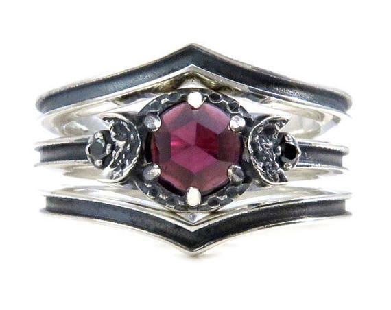 Garnet Blood Moon Ring Set - Black Diamonds and Black Silver Moon Phase Engagement Ring with Pointed Wedding Bands