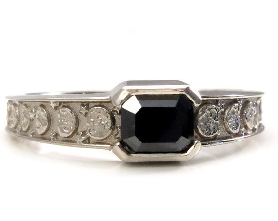 Black Diamond Emerald Cut Moon Phase Solitaire Ring - 14k Palladium White Gold