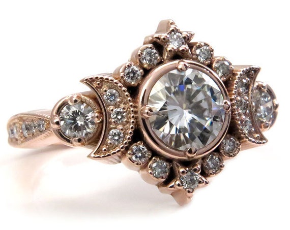 Selene Triple Moon Goddess Engagement Ring - Moissanite or Galaxy Diamond Lunar Boho Wedding Ring -14k Rose Gold