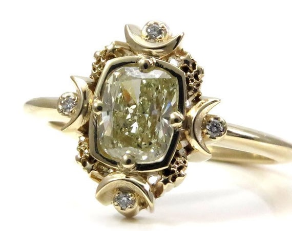 Artemis Moon Engagement Ring Set - Natural Yellow Cushion Diamond with Double Sunray Bands