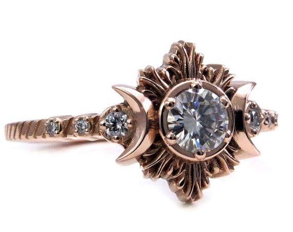 Diamond Moon and Stars Boho Engagement Ring - 14k Rose Gold Moon Phase Wedding Ring