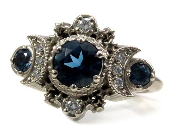 London Blue Topaz and Diamond Cosmos Engagement Ring - Triple Moon Goddess White Gold Jewelry