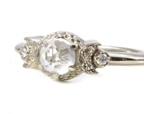 Rose Cut White Topaz and White Diamond Engagement Moon Ring - 14k White Gold