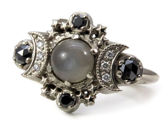 Grey Moonstone Cosmos Engagement Ring - Black and White Diamond Gothic Jewelry