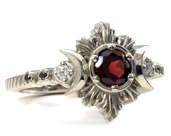 Red Garnet Moonfire Engagement Ring - Gothic Blood Moon Ring