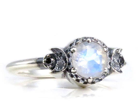 Moonstone Moon Ring - Sterling Silver Gothic Celestial Engagement Ring with Black Diamonds