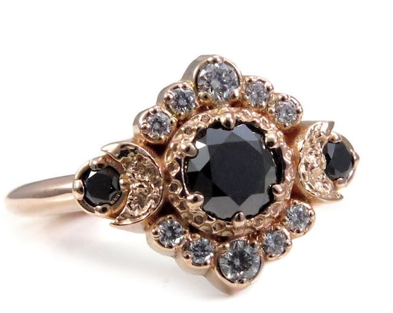 Black and White Diamond Moon Engagement Ring - Rose Gold Celestial Fine Jewelry