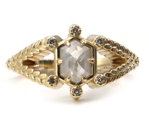 Hexagon Diamond Engagement Ring with Sage Leaf Split Shank and Honey Champagne Diamonds