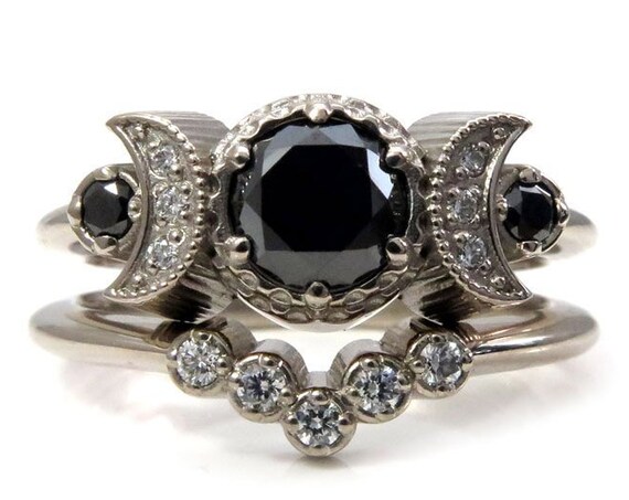 Hecate Moon Engagement Ring Set - Black and White Diamonds - 14k Palladium White Gold - Gothic Celestial Jewelry