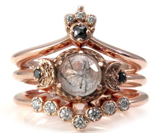 Celestial Goth Engagement Ring Set - Black Rutile Quartz Moon Engagement Ring with Nesting Wedding Bands
