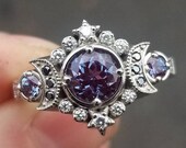Selene Moon Ring - Chatham Alexandrite with Black and White Diamonds - 14k Palladium White Gold - Unique Boho Engagement Ring