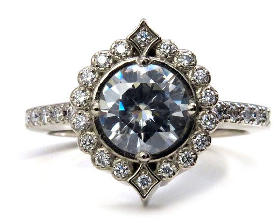 Moissanite Pointed Diamond Halo Engagement Ring with White or Grey Moissanite Center Stone - 14k Gold