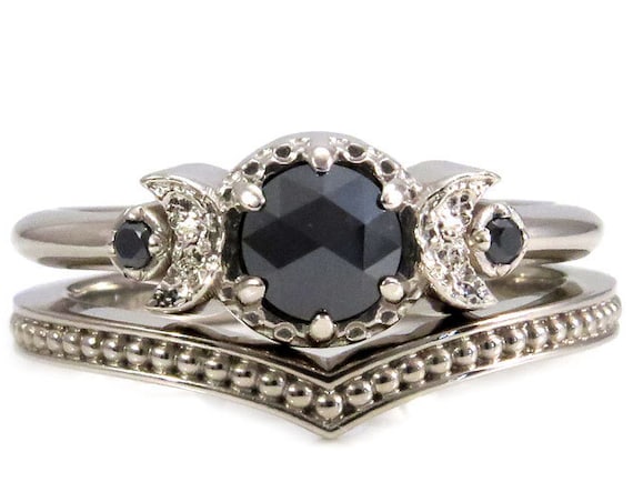 White Gold and Black Diamond Moon Ring Set - Millgrain Chevron Band - Gothic Engagement Rings