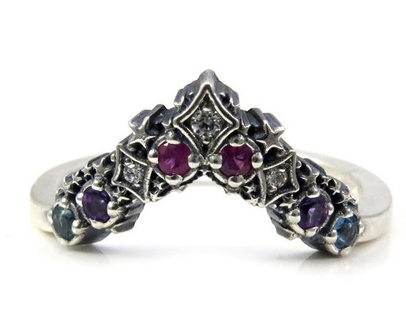 Nebula Silver Stardust Chevron Wedding Band - Boho Stacking Ring - Amethyst, Pink Sappire, Blue Topaz and Black or White Diamonds