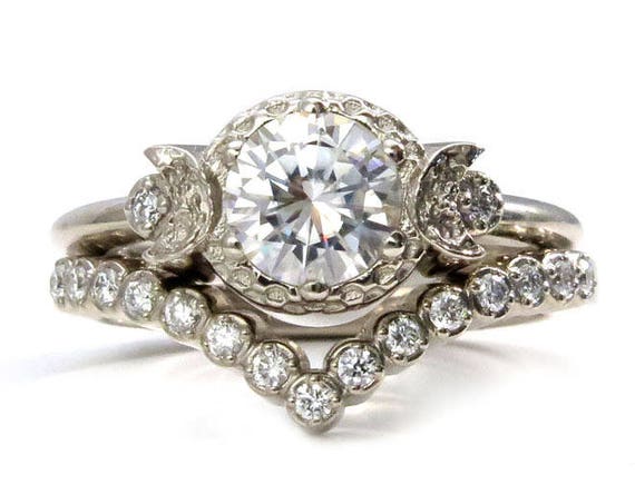 Crescent Moon Engagement Ring - Diamonds or Forever One Moissanite Crescent Moon Phase Gold 3 Stone Ring