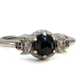 Gothic New Moon Engagement Ring with Rose Cut Black Spinel Or Rose Cut Black Diamond - White Gold