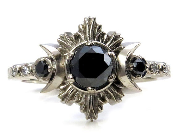 Black and White Diamond Moon Fire Engagement Ring - 14k White, Yellow or Rose Gold
