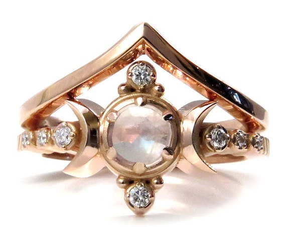 Moonstone and Rose Gold Moon Engagement Ring Set - Diamond Moon Ring with Chevron Wedding Band