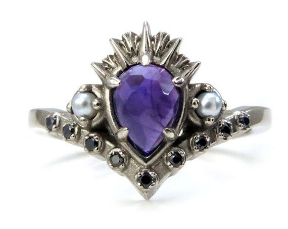 Ursula the Sea Witch Engagement Ring - Rose Cut Amethyst with Seed Pearls and Black Diamonds