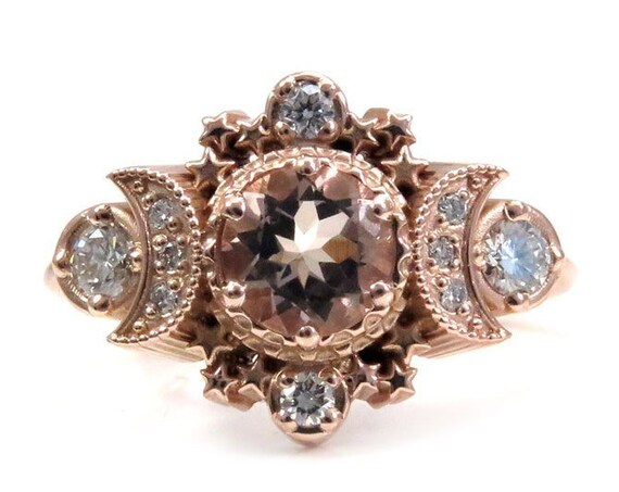 Morganite & Diamond Cosmos Moon Engagement Ring - Rose, Yellow or Palladium White Gold - Boho Jewelry