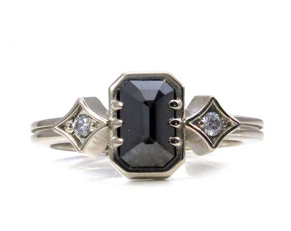 Emerald Cut Black Diamond Engagement Ring with White Diamonds Sides - Two Paths Three Stone Ring