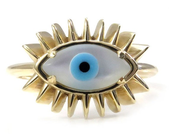 Evil Eye Midi Ring - Mother of Pearl and Turquoise Eye -14k Yellow, Rose or Palladium White Gold