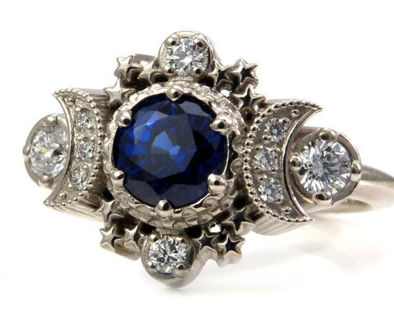 Chatham Sapphire Cosmos Moon Phase Engagement Ring - 14k Gold and Diamonds Celestial Jewelry