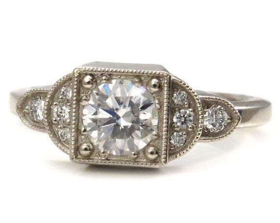 Art Deco Moissanite and Diamond Engagement Ring - 14k Palladium White Gold Diamond Vintage Styled Engagement Ring