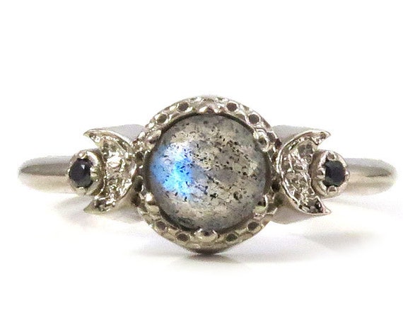 Moon Phase Engagement Ring with Labradorite and Black Diamonds - 14k Palladium White Gold Gothic Jewelry