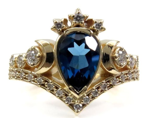 London Blue Topaz Lunar Priestess Diamond Engagement Ring with White Diamonds - Boho Wedding Ring