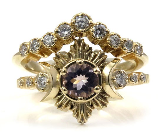 Morganite and Diamond Engagement Ring Set - Triple Moon Goddess Moon Fire Ring Set