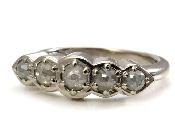 Modern Art Deco 5 Diamond Ring - Rose Cut Gray Diamonds in 14k Palladium White Gold