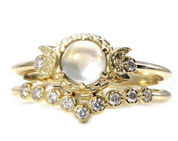 Diamond and Moonstone Engagement Ring Set - Moon Phase Wedding Rings - Yellow, Pink or White Gold