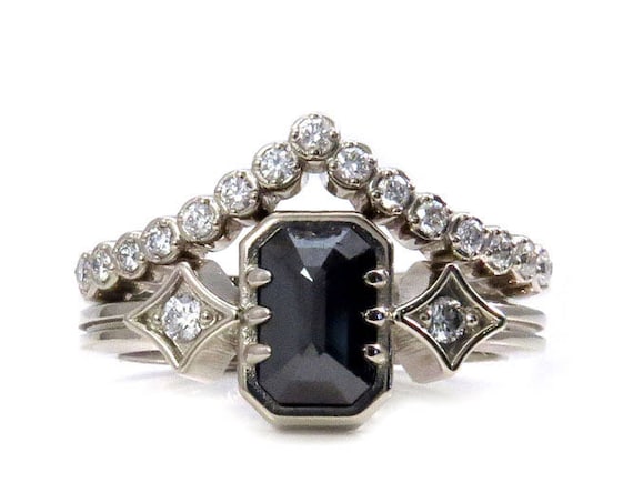 Geometric Black Diamond Engagement Ring with White Diamond Chevron Pave Wedding Band - White Gold Engagement Ring Set