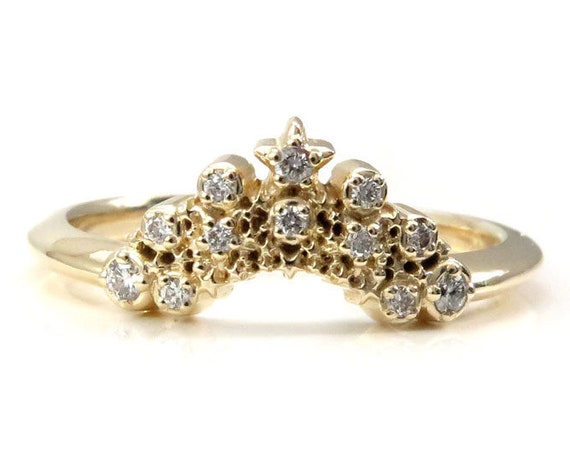 Curved Starseed Wedding Band - 14k Gold with Black or White Diamonds