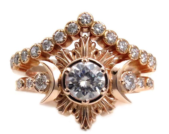 Moon Ring Engagement Set - Diamond or Moissanite Moonfire Ring with Pave Diamond Chevron Band - Bohemian Rose Gold