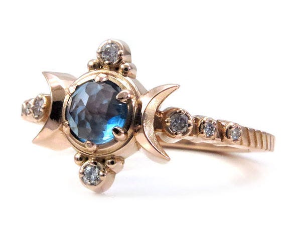 London Blue Topaz Compass Moon Engagement Ring - Moon Phase Boho Rose Gold Jewelry