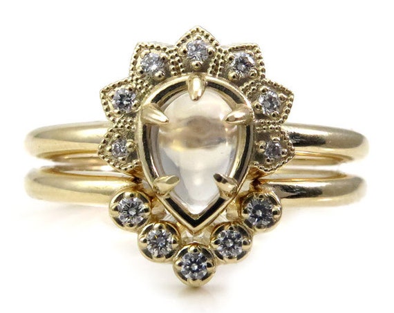 Moonstone and Diamond Tiny Asteroid Engagement Ring Set - 14k Gold - Boho Fine Jewelry
