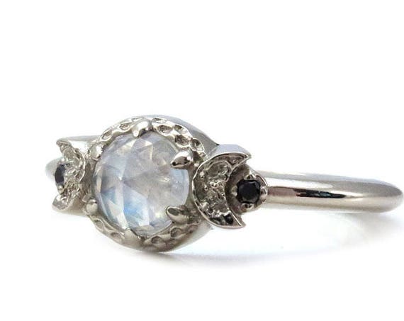 Rose Cut Moonstone and Diamond Crescent Moon Engagement Ring - 14k Gold
