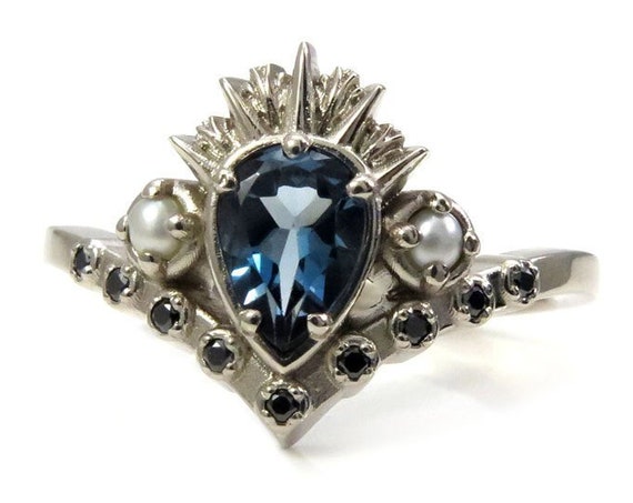 Sea Witch Engagement Ring - Ursula - London Blue Topaz with Seed Pearls and Black Diamonds