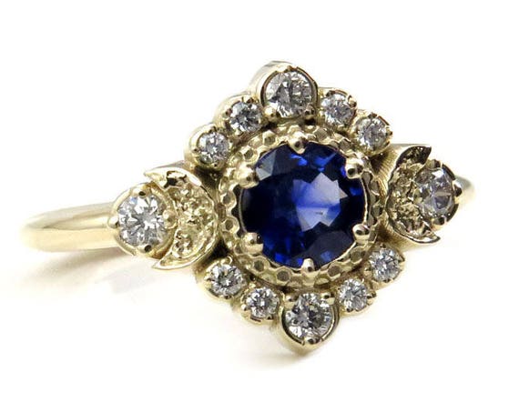 Ceylon Sapphire Engagement Ring - Crescent Moons with a Diamond Halo
