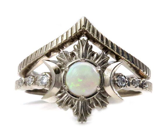 Opal Moon Fire Engagement Ring Set - Triple Moon Goddess Celestial Wedding Jewelry