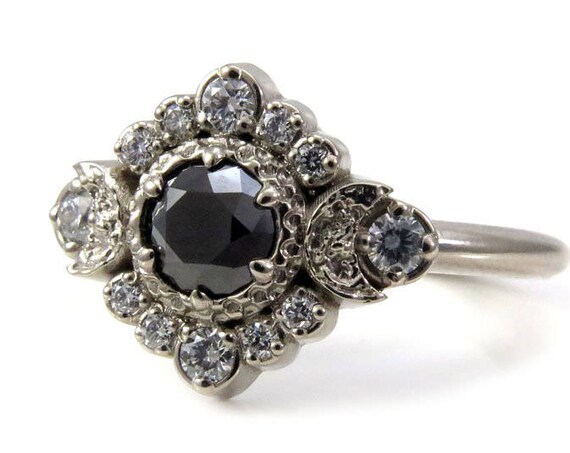 Black and White Diamond Engagement Ring - Triple Moon Goddess Boho Wedding