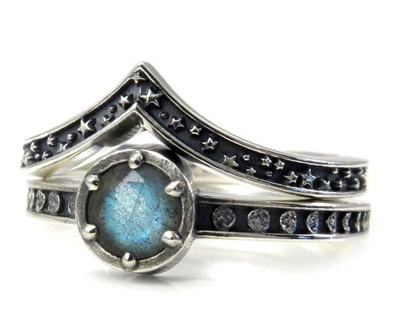Labradorite Celestial Engagement Ring Set - Sterling Silver Moon Phase and Stardust Wedding Rings