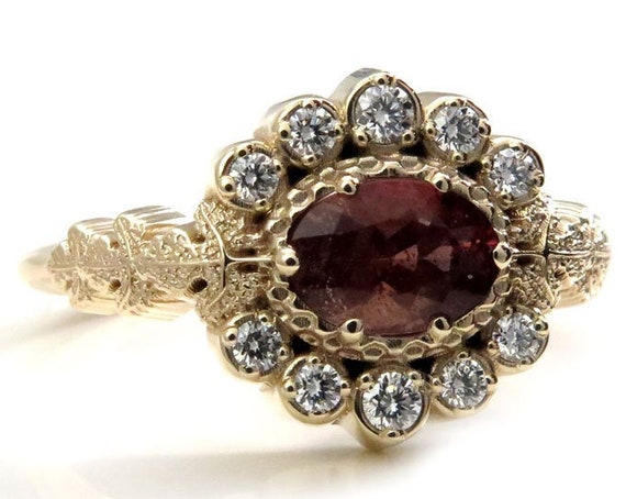 POISON PLANT - Oregon Sunstone Oval & Diamond Halo Ring with Poison Leaves - Ready to Ship - Size 6 - 8