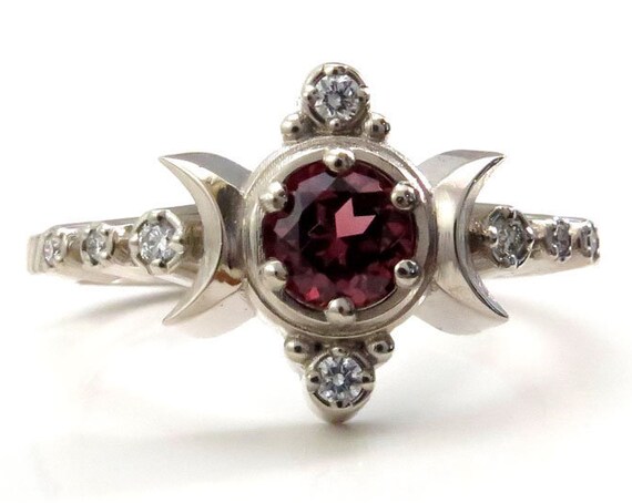 Malaya Garnet Compass Moon Engagement Ring with Diamonds - 14k Palladium White Gold