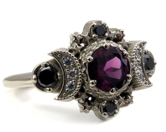 Rhodolite Garnet & Black and White Diamond Cosmos Moon Engagement Ring - Gothic Engagement Ring