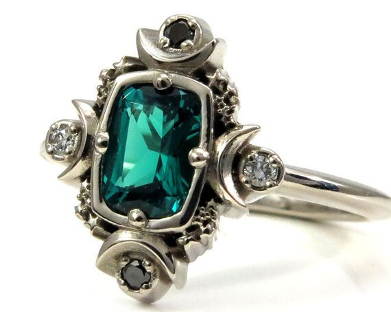 Artemis Moon Engagement Ring with Chatham Emerald Cushion and Black & White Diamonds - Lunar Engagement